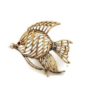 Vintage 1995 Bergdorf Goodman Gold Tropical Fish Brooch - Modernist Design Angel